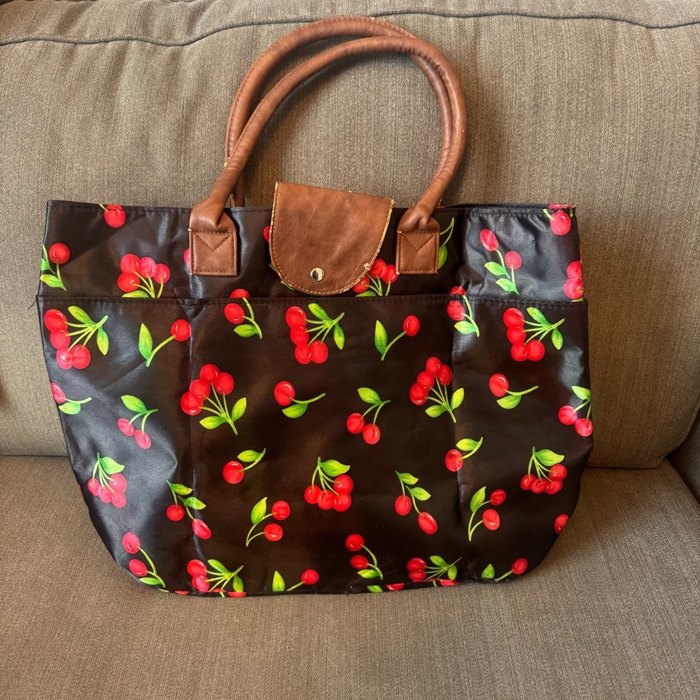 Cherry Print Black Tote Shoulder Bag Compacts Down Packable‎ Double Handle